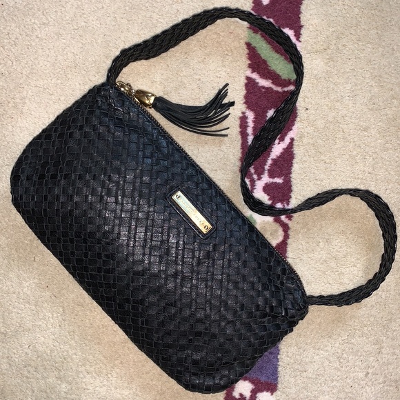 Elliott Lucca Black Leather Woven Satchel Bag